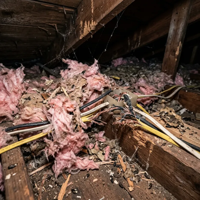 Contaminated ceiling insulation being assessed in a Mccrae roof space